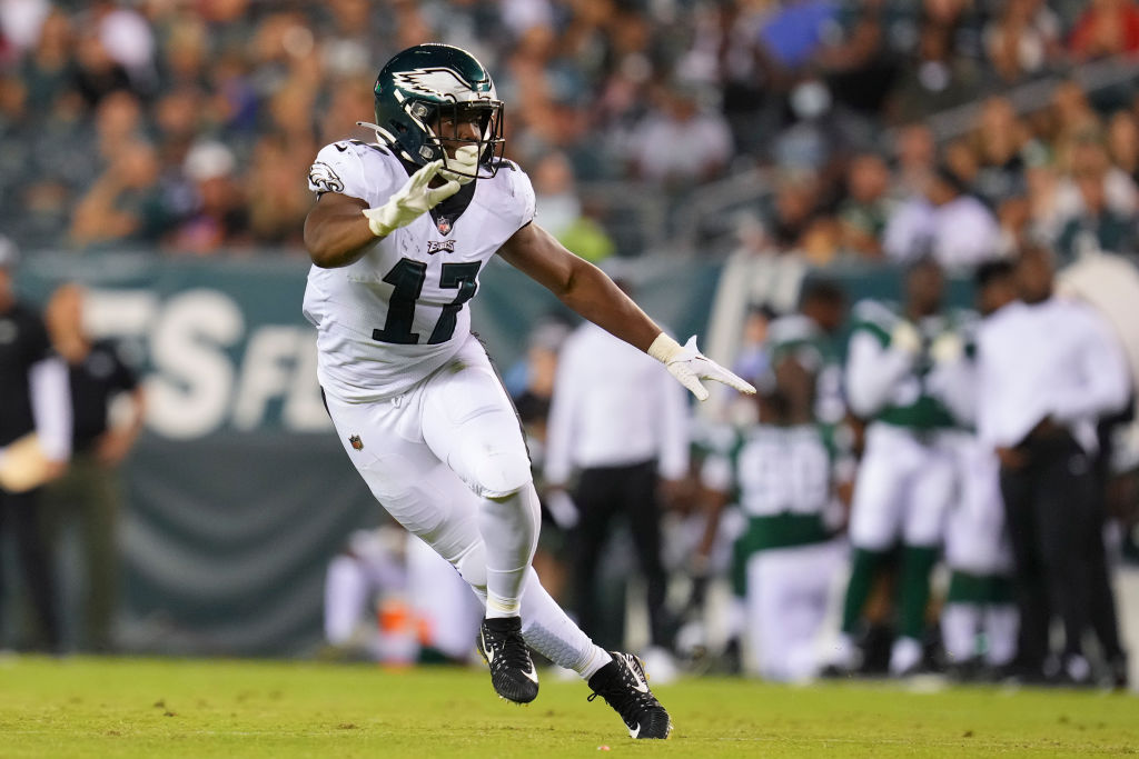 PHILADELPHIA, PA - AUGUST 12: Nakobe Dean #17 of the Philadelphia Eagles in action against the New York Jets in the first half of the preseason game at Lincoln Financial Field on August 12, 2022 in Philadelphia, Pennsylvania. The Jets defeated the Eagles 24-21.