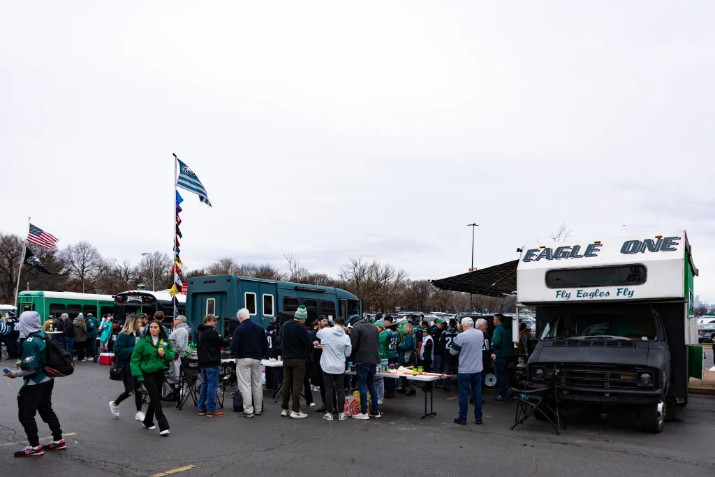 PHILADELPHIA, PA - JANUARY 29: People tailgate before the NFC Championship game between the San Francisco 49ers and Philadelphia Eagles at Lincoln Financial Field on January 29, 2023 in Philadelphia, Pennsylvania.