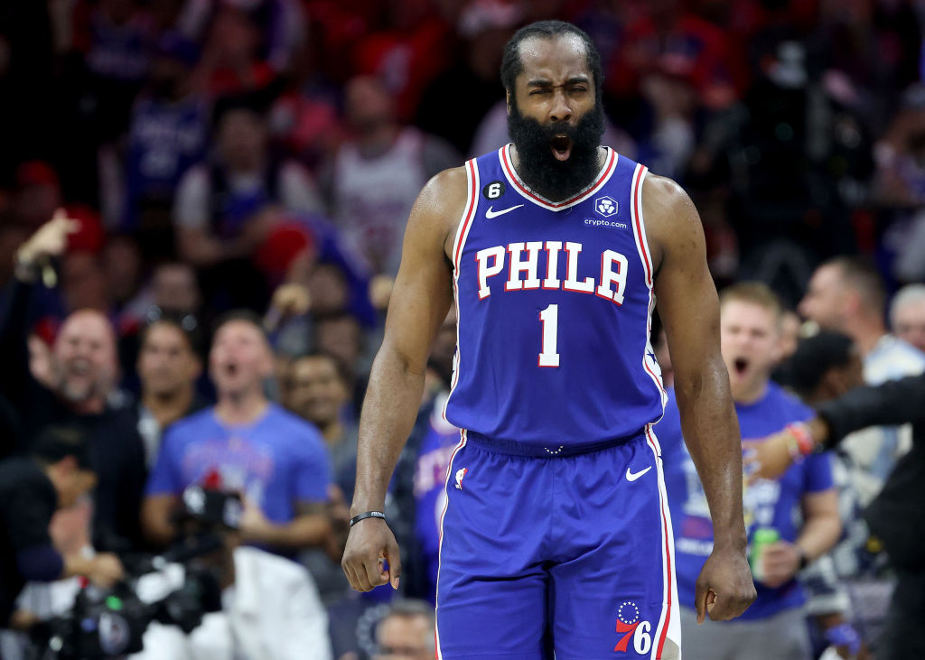 PHILADELPHIA, PENNSYLVANIA - MAY 11: James Harden #1 of the Philadelphia 76ers celebrates a basket against the Boston Celtics during the third quarter in game six of the Eastern Conference Semifinals in the 2023 NBA Playoffs at Wells Fargo Center on May 11, 2023 in Philadelphia, Pennsylvania