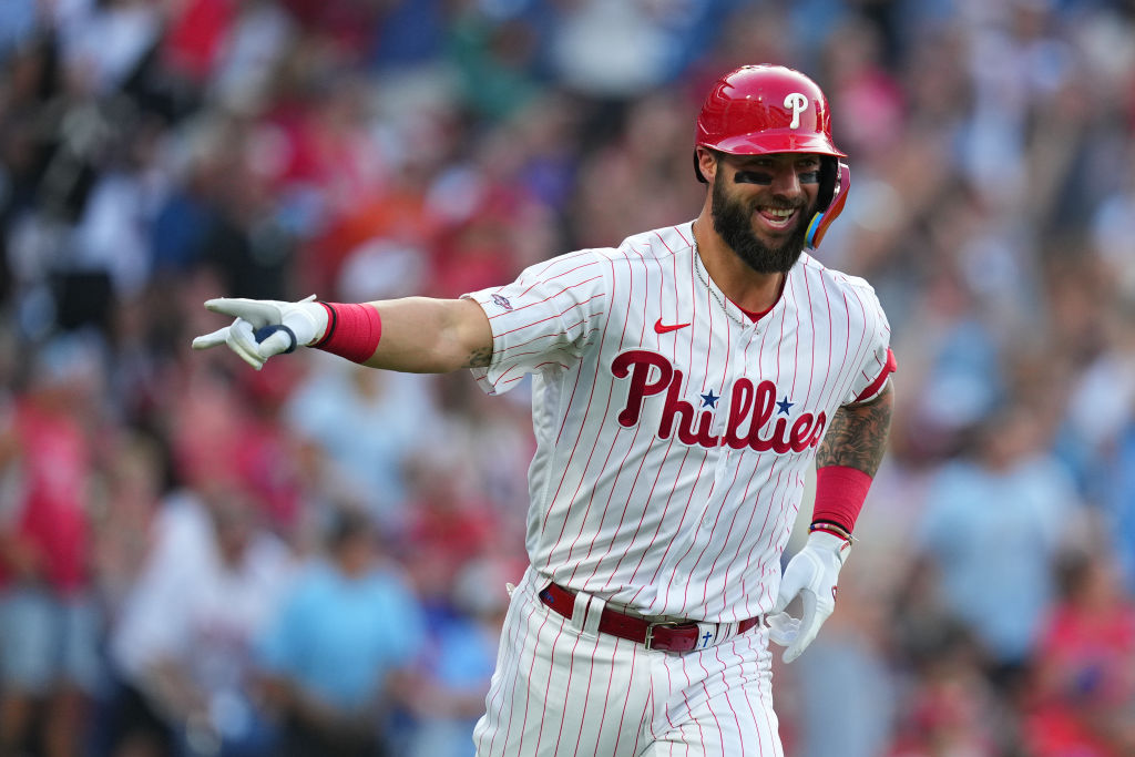 PHILADELPHIA, PENNSYLVANIA - AUGUST 9: Weston Wilson #37 of the Philadelphia Phillies reacts after hitting a solo home run in his first major league at-bat in the bottom of the second inning against the Washington Nationals at Citizens Bank Park on August 9, 2023 in Philadelphia, Pennsylvania.