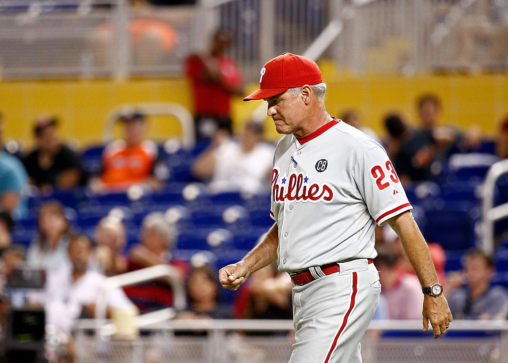 MIAMI, FL - SEPTEMBER 24: Manager Ryne Sandberg #23 of the Philadelphia Phillies walks out to the mound during the ninth inning of the game against the Miami Marlins at Marlins Park on September 24, 2014 in Miami, Florida.
