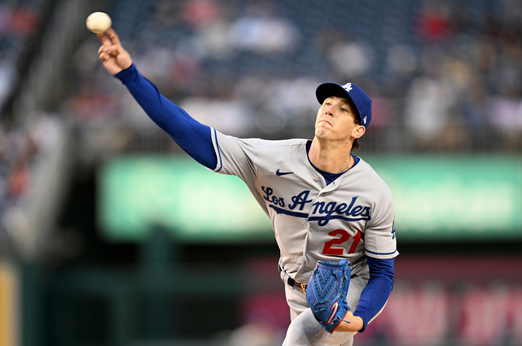 WASHINGTON, DC - MAY 24: Walker Buehler #21 of the Los Angeles Dodgers pitches in the first inning against the Washington Nationals at Nationals Park on May 24, 2022 in Washington, DC.