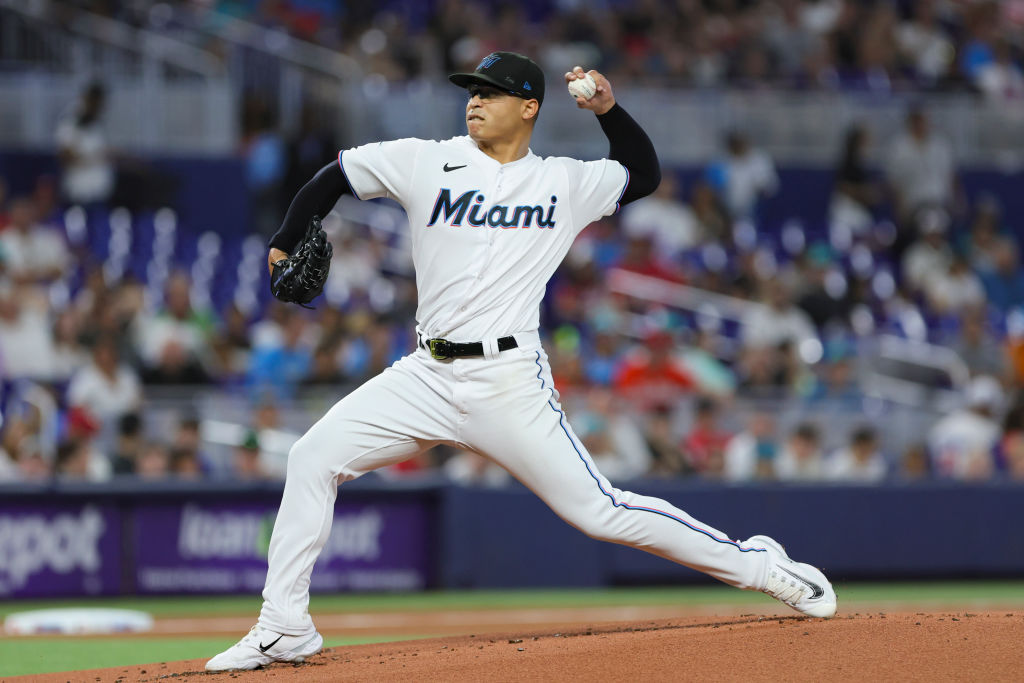 Jesus Luzardo of the Miami Marlins pitches against the New York