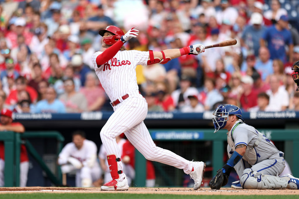 PHILADELPHIA, PENNSYLVANIA - AUGUST 05: Alec Bohm #28 of the Philadelphia Phillies hits a two run home run during the first inning against the Kansas City Royals at Citizens Bank Park on August 05, 2023 in Philadelphia, Pennsylvania.