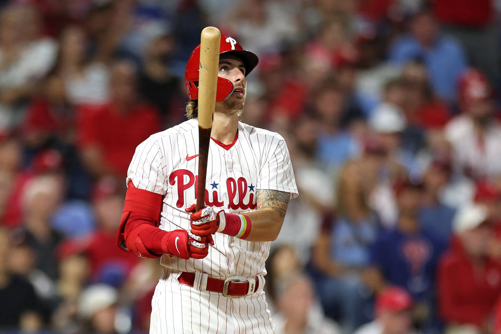 PHILADELPHIA, PENNSYLVANIA - AUGUST 29: Bryson Stott #5 of the Philadelphia Phillies looks on after hitting a two run home run during the seventh inning against the Los Angeles Angels at Citizens Bank Park on August 29, 2023 in Philadelphia, Pennsylvania.