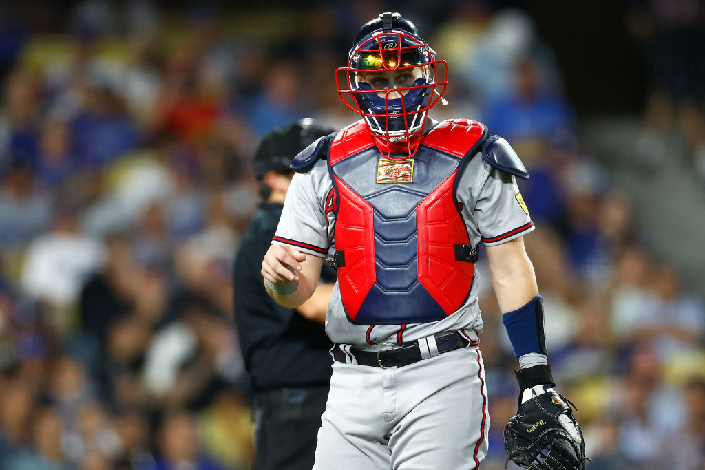 LOS ANGELES, CALIFORNIA - SEPTEMBER 02: Sean Murphy #12 of the Atlanta Braves in the seventh inning at Dodger Stadium on September 02, 2023 in Los Angeles, California.
