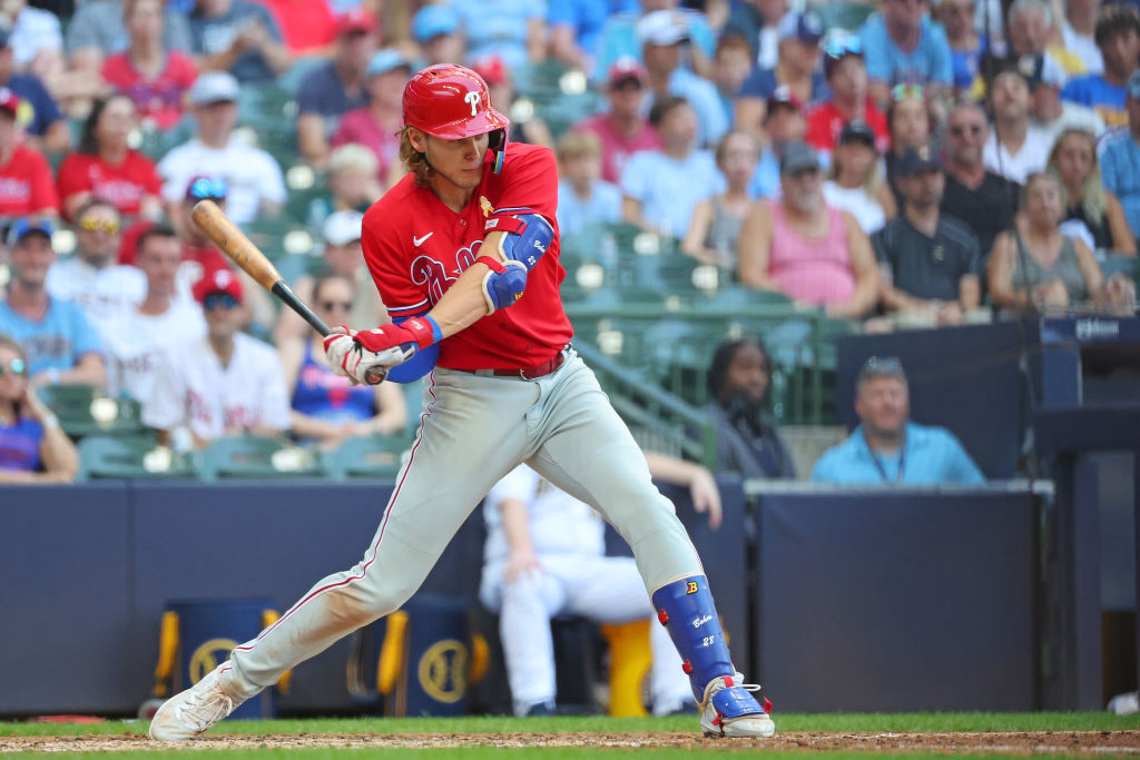 MILWAUKEE, WISCONSIN - SEPTEMBER 03: Alec Bohm #28 of the Philadelphia Phillies at bat during a game against the Milwaukee Brewers at American Family Field on September 03, 2023 in Milwaukee, Wisconsin.