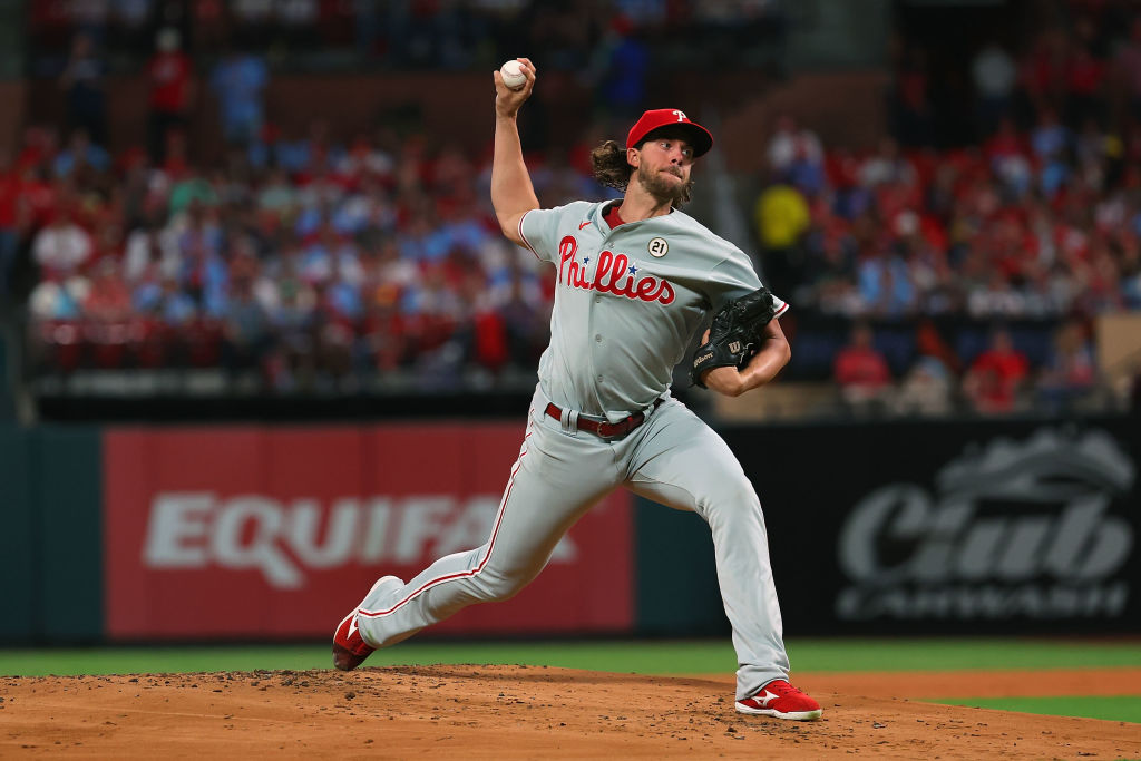ST LOUIS, MISSOURI - SEPTEMBER 15: Aaron Nola #27 of the Philadelphia Phillies delivers a pitch against the St. Louis Cardinals in the first inning at Busch Stadium on September 15, 2023 in St Louis, Missouri.