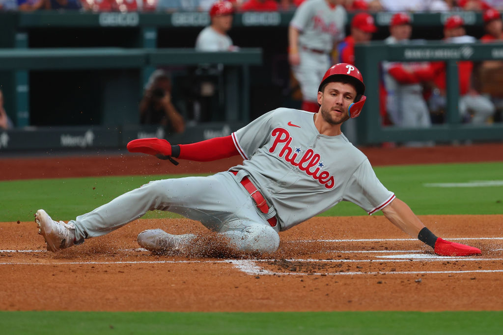 ST LOUIS, MISSOURI - SEPTEMBER 16: Trea Turner #7 of the Philadelphia Phillies scores a run against the St. Louis Cardinals in the first inning at Busch Stadium on September 16, 2023 in St Louis, Missouri.