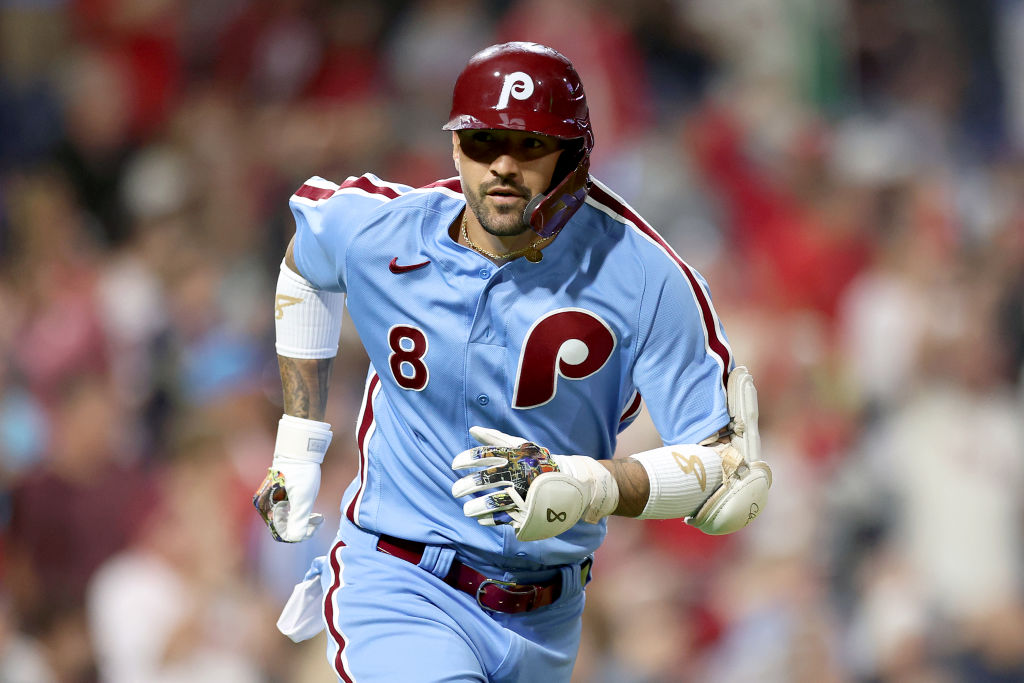 PHILADELPHIA, PENNSYLVANIA - SEPTEMBER 21: Nick Castellanos #8 of the Philadelphia Phillies looks on after hitting a solo home run during the sixth inning against the New York Mets at Citizens Bank Park on September 21, 2023 in Philadelphia, Pennsylvania.