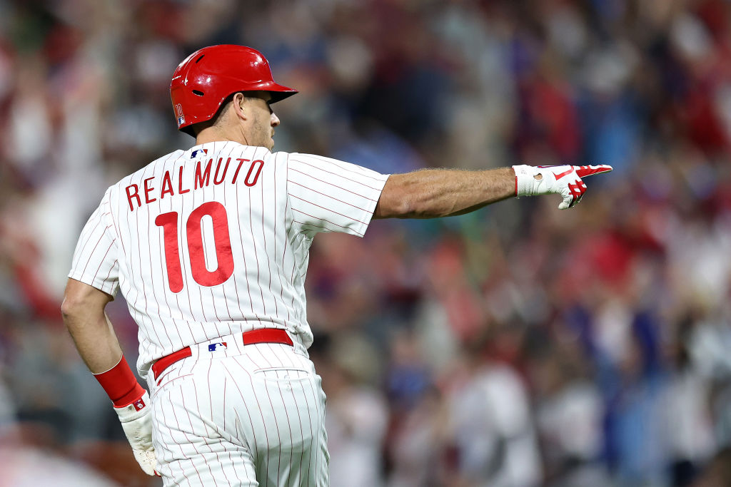 PHILADELPHIA, PENNSYLVANIA - SEPTEMBER 22: J.T. Realmuto #10 of the Philadelphia Phillies rounds bases after hitting a three run home run during the sixth inning against the New York Mets at Citizens Bank Park on September 22, 2023 in Philadelphia, Pennsylvania.