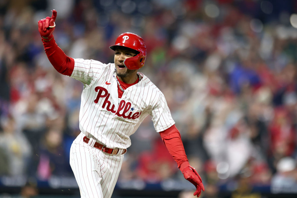 PHILADELPHIA, PENNSYLVANIA - SEPTEMBER 26: Johan Rojas #18 of the Philadelphia Phillies reacts after hitting a walk-off single during the tenth inning to defeat the Pittsburgh Pirates at Citizens Bank Park on September 26, 2023 in Philadelphia, Pennsylvania.