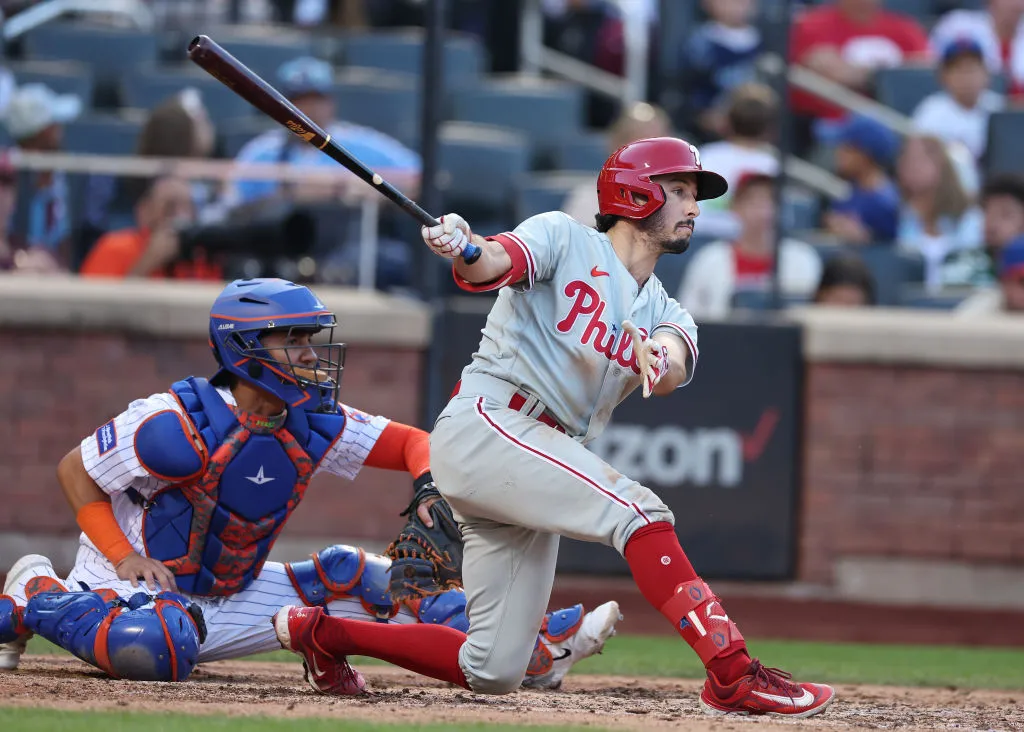 NEW YORK, NEW YORK - OCTOBER 01: Garrett Stubbs #21 of the Philadelphia Phillies bats against the New York Mets during their game at Citi Field on October 01, 2023 in New York City.