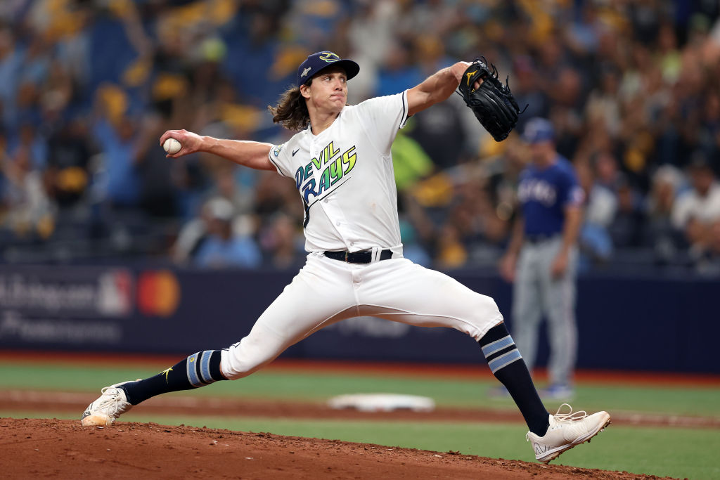 ST PETERSBURG, FLORIDA - OCTOBER 03: Tyler Glasnow #20 of the Tampa Bay Rays pitches in the fifth inning against the Texas Rangers during Game One of the Wild Card Series at Tropicana Field on October 03, 2023 in St Petersburg, Florida.
