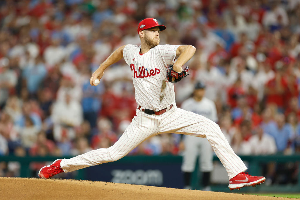 PHILADELPHIA, PENNSYLVANIA - OCTOBER 03: Zack Wheeler #45 of the Philadelphia Phillies pitches during the first inning against the Miami Marlins in Game One of the Wild Card Series at Citizens Bank Park on October 03, 2023 in Philadelphia, Pennsylvania