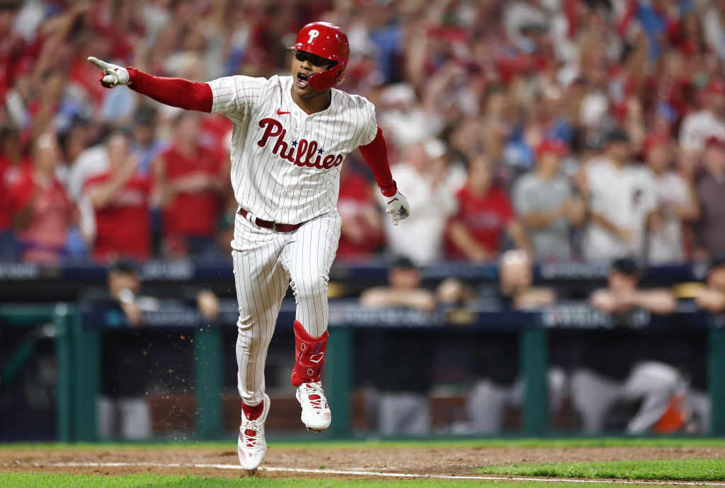 PHILADELPHIA, PENNSYLVANIA - OCTOBER 03: Cristian Pache #19 of the Philadelphia Phillies reacts after hitting a one-run RBI single during the fourth inning against the Miami Marlins in Game One of the Wild Card Series at Citizens Bank Park on October 03, 2023 in Philadelphia, Pennsylvania. 
