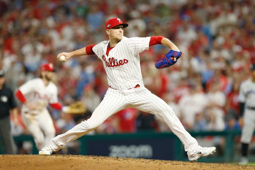 PHILADELPHIA, PENNSYLVANIA - OCTOBER 03: Jeff Hoffman #68 of the Philadelphia Phillies pitches during the eighth inning against the Miami Marlins in Game One of the Wild Card Series at Citizens Bank Park on October 03, 2023 in Philadelphia, Pennsylvania.