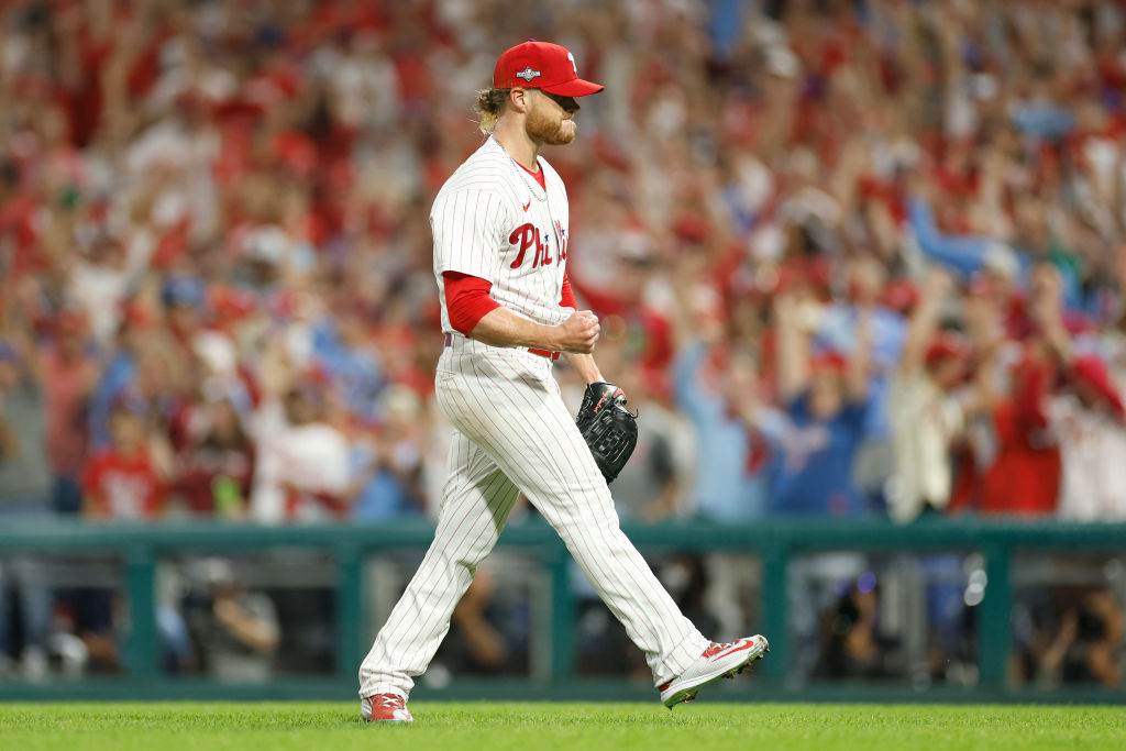 PHILADELPHIA, PENNSYLVANIA - OCTOBER 03: Craig Kimbrel #31 of the Philadelphia Phillies celebrates recording the final out to defeat the Miami Marlins 4-1 in Game One of the Wild Card Series at Citizens Bank Park on October 03, 2023 in Philadelphia, Pennsylvania. 
