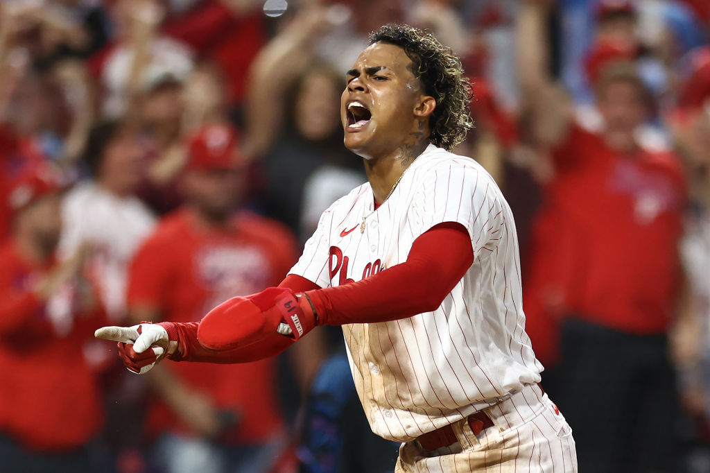 PHILADELPHIA, PENNSYLVANIA - OCTOBER 04: Cristian Pache #19 of the Philadelphia Phillies celebrates scoring a run during the third inning against the Miami Marlins in Game Two of the Wild Card Series at Citizens Bank Park on October 04, 2023 in Philadelphia, Pennsylvania.