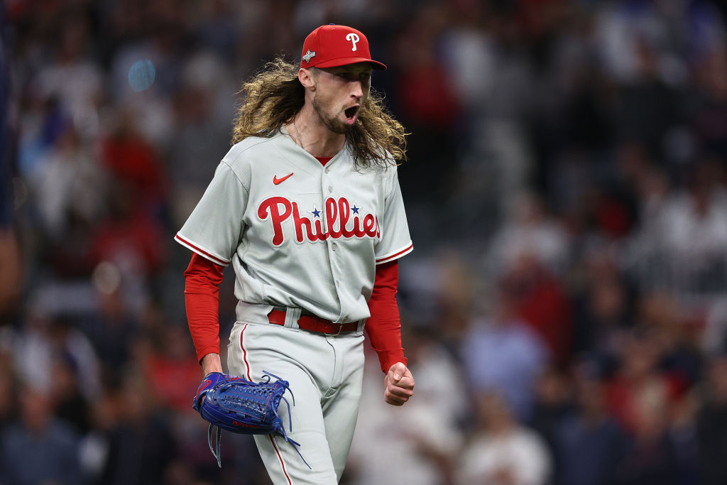ATLANTA, GEORGIA - OCTOBER 07: Matt Strahm #25 of the Philadelphia Phillies reacts during the eighth inning against the Atlanta Braves during Game One of the Division Series at Truist Park on October 07, 2023 in Atlanta, Georgia.