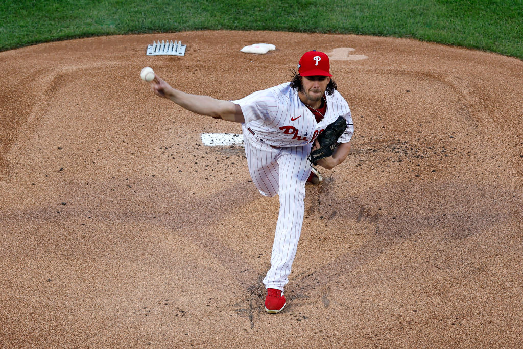 PHILADELPHIA, PENNSYLVANIA - OCTOBER 11: Aaron Nola #27 of the Philadelphia Phillies throws a pitch against the Atlanta Braves during the first inning in Game Three of the Division Series at Citizens Bank Park on October 11, 2023 in Philadelphia, Pennsylvania.