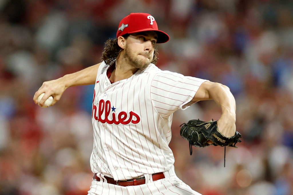 PHILADELPHIA, PENNSYLVANIA - OCTOBER 17: Aaron Nola #27 of the Philadelphia Phillies throws a first inning pitch against the Arizona Diamondbacks during Game Two of the Championship Series at Citizens Bank Park on October 17, 2023 in Philadelphia, Pennsylvania. 