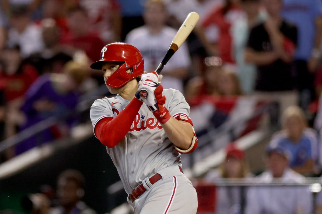 PHOENIX, ARIZONA - OCTOBER 20: Alec Bohm #28 of the Philadelphia Phillies hits a single against the Arizona Diamondbacks in the sixth inning during Game Four of the National League Championship Series at Chase Field on October 20, 2023 in Phoenix, Arizona.