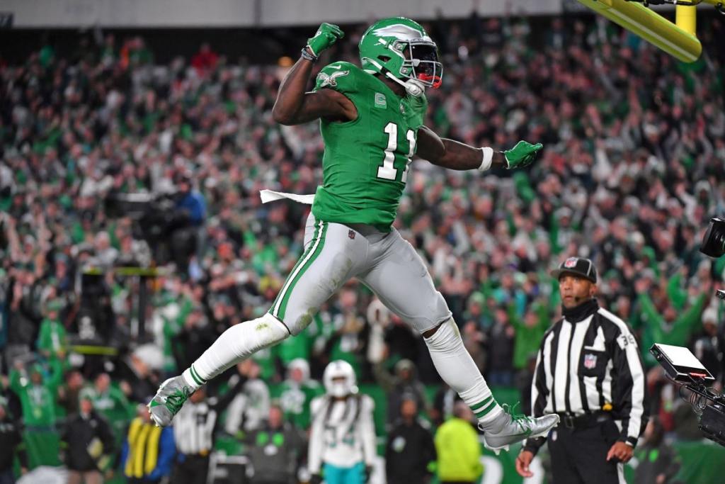 AJ Brown celebrating a TD, week 8