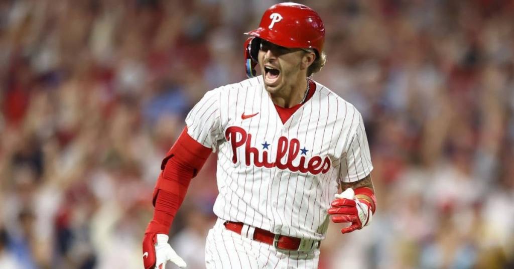 Bryson Stott #5 of the Philadelphia Phillies celebrates after hitting a ...