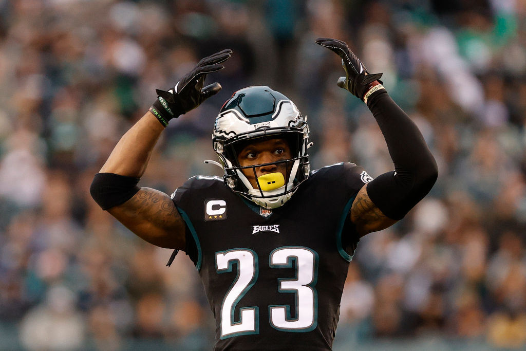 PHILADELPHIA, PENNSYLVANIA - NOVEMBER 21: Rodney McLeod #23 of the Philadelphia Eagles celebrates against the New Orleans Saints at Lincoln Financial Field on November 21, 2021 in Philadelphia, Pennsylvania. 