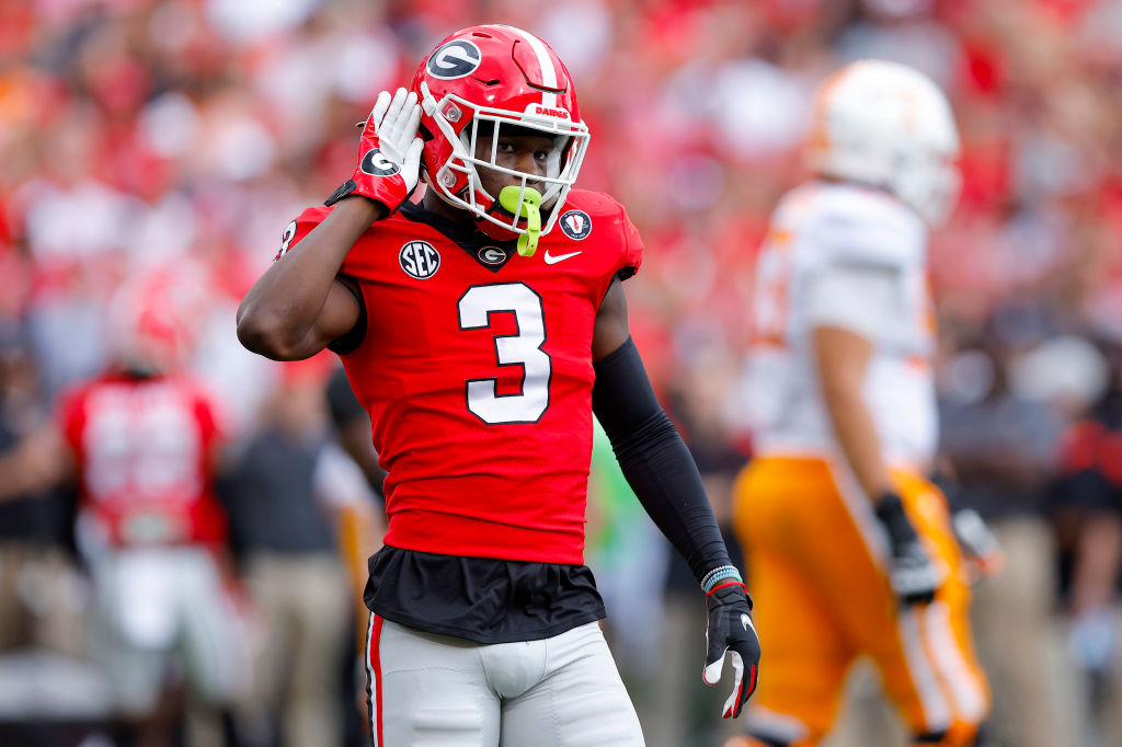 ATHENS, GEORGIA - NOVEMBER 05: Kamari Lassiter #3 of the Georgia Bulldogs reacts after a play against the Tennessee Volunteers during the second quarter at Sanford Stadium on November 05, 2022 in Athens, Georgia. 