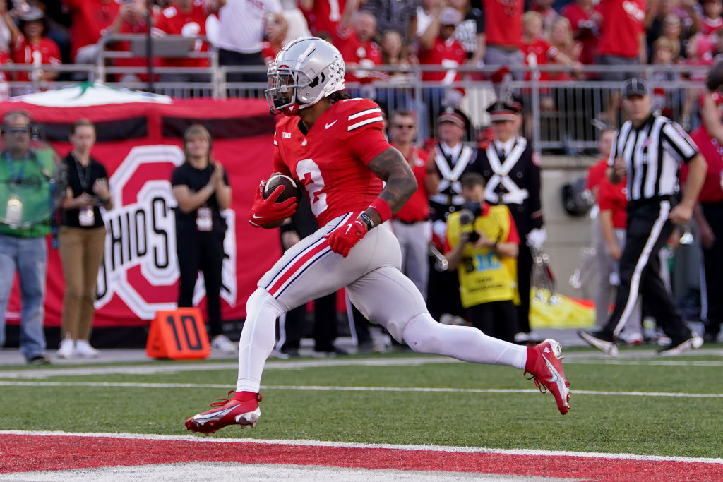 COLUMBUS, OHIO - SEPTEMBER 16: Emeka Egbuka #2 of the Ohio State Buckeyes scores a touchdown in the second quarter against the Western Kentucky Hilltoppers at Ohio Stadium on September 16, 2023 in Columbus, Ohio. 