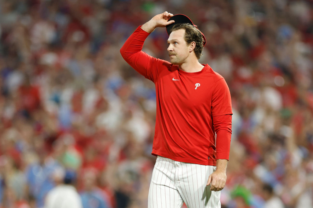 PHILADELPHIA, PENNSYLVANIA - OCTOBER 03: Rhys Hoskins #17 of the Philadelphia Phillies acknowledges fans before throwing out the ceremonial first pitch prior to Game One of the Wild Card Series between the Miami Marlins and the Philadelphia Phillies at Citizens Bank Park on October 03, 2023 in Philadelphia, Pennsylvania