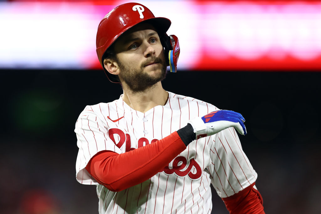 PHILADELPHIA, PENNSYLVANIA - OCTOBER 23: Trea Turner #7 of the Philadelphia Phillies reacts after an out in the eighth inning against the Arizona Diamondbacks during Game Six of the Championship Series at Citizens Bank Park on October 23, 2023 in Philadelphia, Pennsylvania.