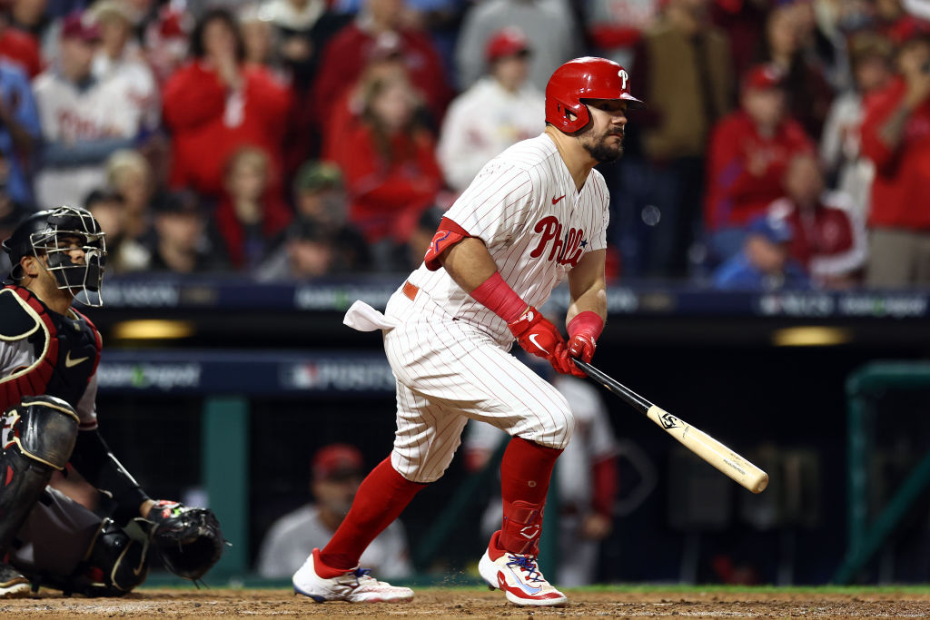 PHILADELPHIA, PENNSYLVANIA - OCTOBER 24: Kyle Schwarber #12 of the Philadelphia Phillies hits a double against the Arizona Diamondbacks during the fifth inning in Game Seven of the Championship Series at Citizens Bank Park on October 24, 2023 in Philadelphia, Pennsylvania. 