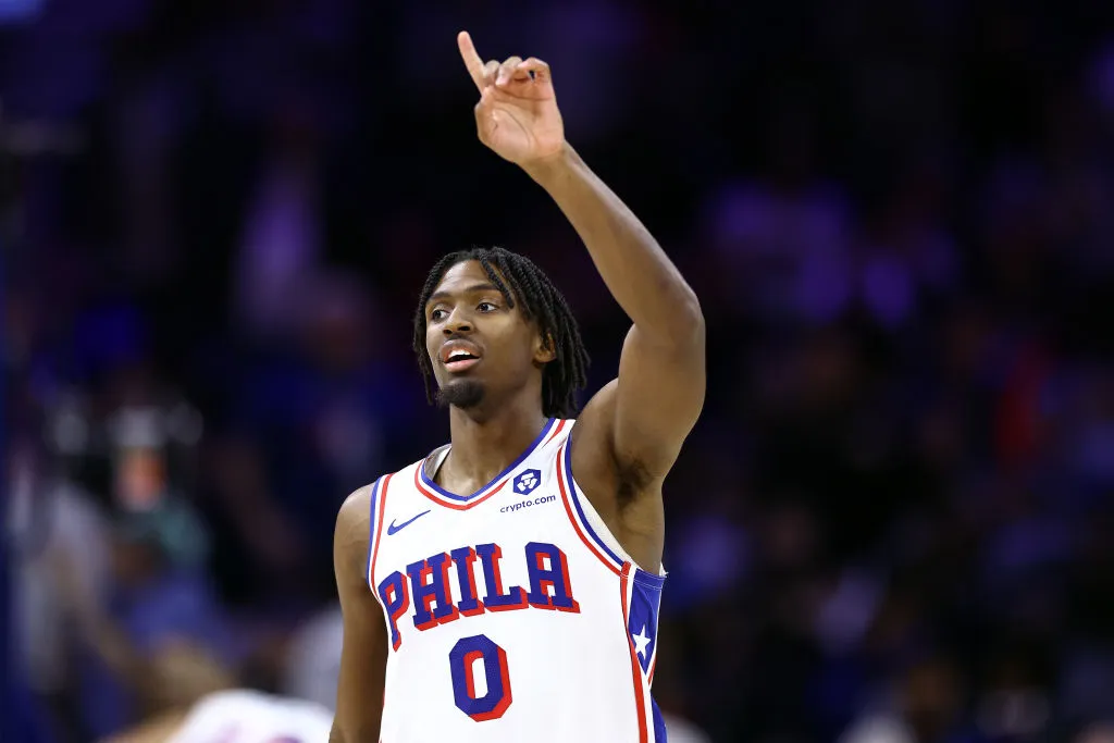 PHILADELPHIA, PENNSYLVANIA - NOVEMBER 12: Tyrese Maxey #0 of the Philadelphia 76ers reacts during the fourth quarter against the Indiana Pacers at the Wells Fargo Center on November 12, 2023 in Philadelphia, Pennsylvania.