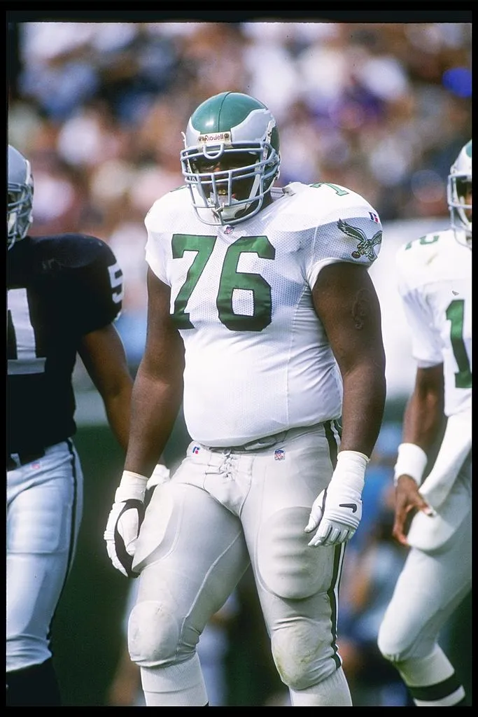 24 Sep 1995:  Offensive lineman Barrett Brooks of the Philadelphia Eagles looks on during a game against the Oakland Raiders at the Oakland-Alameda County Coliseum in Oakland, California.  The Raiders won the game, 48-17. 