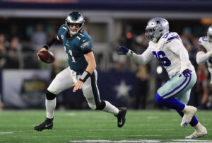Carson Wentz of the Philadelphia Eagles against the Dallas Cowboys in an NFC East rivalry game