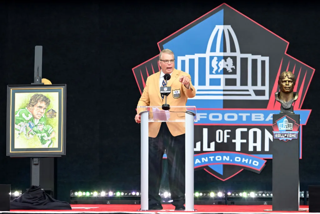 CANTON, OHIO - AUGUST 05: Joe Klecko speaks during the 2023 Pro Football Hall of Fame Enshrinement Ceremony at Tom Benson Hall Of Fame Stadium on August 05, 2023 in Canton, Ohio. 