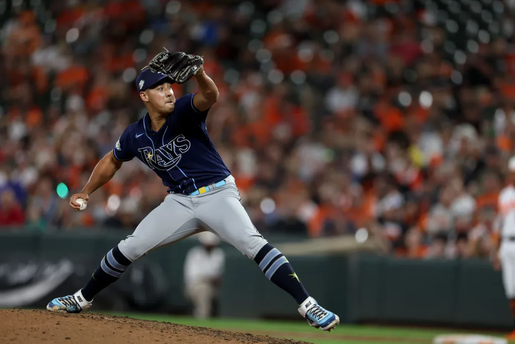 BALTIMORE, MARYLAND - SEPTEMBER 14: Robert Stephenson #26 of the Tampa Bay Rays pitches to a against the Baltimore Orioles batter at Oriole Park at Camden Yards on September 14, 2023 in Baltimore, Maryland. 
