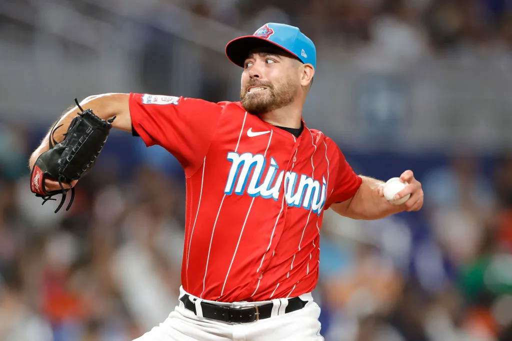 MIAMI, FLORIDA - SEPTEMBER 23: Matt Moore #45 of the Miami Marlins delivers during the seventh inning against the Milwaukee Brewers at loanDepot park on September 23, 2023 in Miami, Florida. 