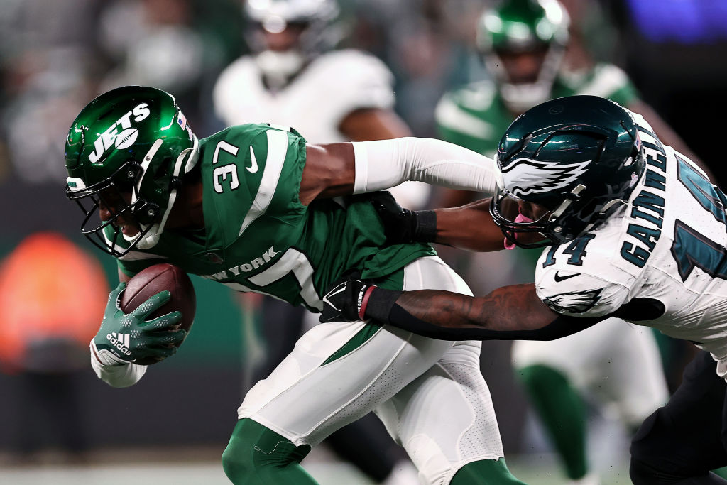 EAST RUTHERFORD, NEW JERSEY - OCTOBER 15: Bryce Hall #37 of the New York Jets runs the ball after an interception during the fourth quarter in the game against the Philadelphia Eagles at MetLife Stadium on October 15, 2023 in East Rutherford, New Jersey.