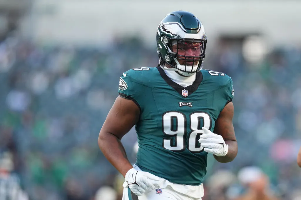 PHILADELPHIA, PENNSYLVANIA - NOVEMBER 05: Jalen Carter #98 of the Philadelphia Eagles warms up prior to a game against the Dallas Cowboys at Lincoln Financial Field on November 05, 2023 in Philadelphia, Pennsylvania.