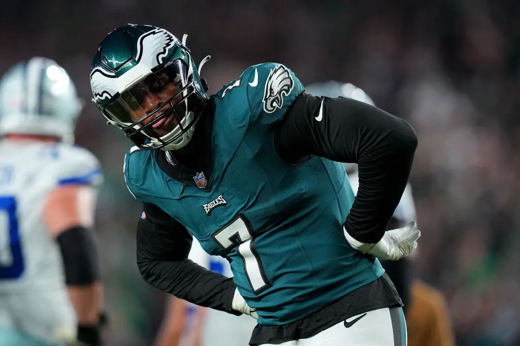 PHILADELPHIA, PENNSYLVANIA - NOVEMBER 05: Haason Reddick #7 of the Philadelphia Eagles reacts during the fourth quarter in the game against the Dallas Cowboys at Lincoln Financial Field on November 05, 2023 in Philadelphia, Pennsylvania.