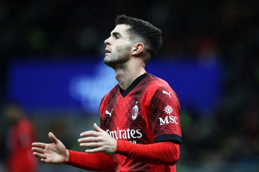 MILAN, ITALY - NOVEMBER 28: Christian Pulisic of AC Milan reacts during the UEFA Champions League match between AC Milan and Borussia Dortmund at Stadio Giuseppe Meazza on November 28, 2023 in Milan, Italy.