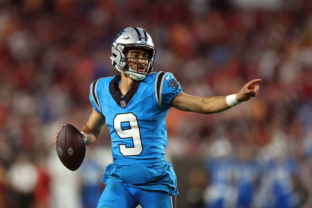 TAMPA, FLORIDA - DECEMBER 03: Bryce Young #9 of the Carolina Panthers looks to pass against the Tampa Bay Buccaneers during the fourth quarter of the game at Raymond James Stadium on December 03, 2023 in Tampa, Florida. 