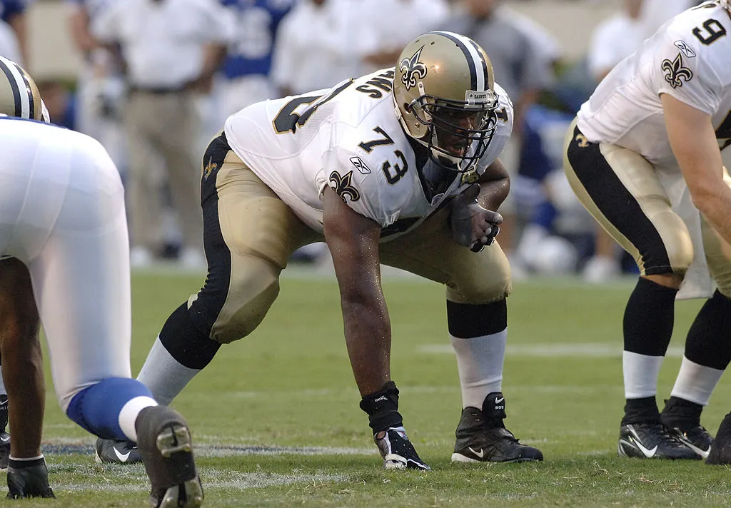 New Orleans Saints guard Jahri Evans against the Indianapolis Colts at Veterans Memorial Stadium in Jackson, Mississippi on August 26, 2006. The Colts won 27-14. 