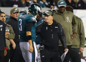 Chip Kelly and Mark Sanchez of the Philadelphia Eagles