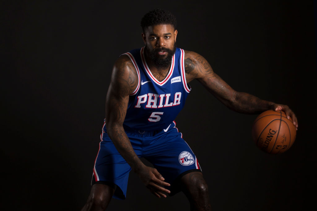 CAMDEN, NJ - SEPTEMBER 21: Amir Johnson #5 of the Philadelphia 76ers poses for a portrait during Media Day at the Sixers Training Complex on September 21, 2018 in Camden, New Jersey. 