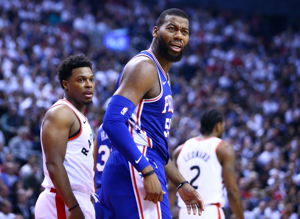 TORONTO, ON - MAY 07: Greg Monroe #55 of the Philadelphia 76ers reacts in the first half during Game Five of the second round of the 2019 NBA Playoffs against the Toronto Raptors at Scotiabank Arena on May 7, 2019 in Toronto, Canada.